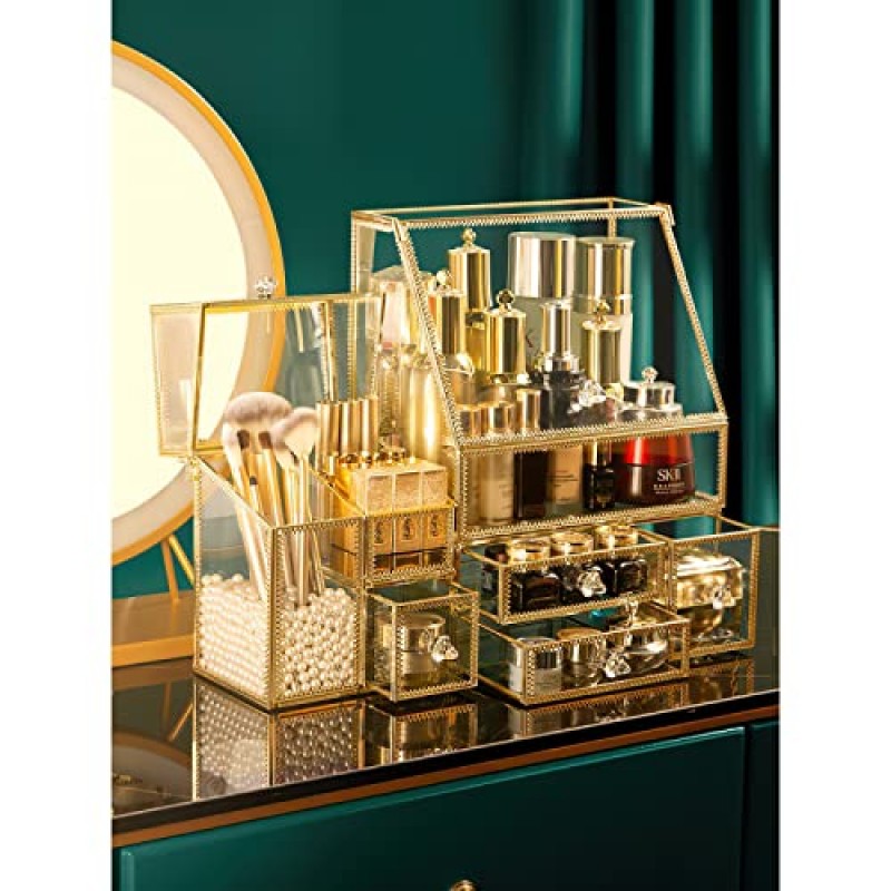 CONHENCI 대형 유리 메이크업 주최자 서랍 세트 미용 보관함 욕실 카운터 주최자 화장품 디스플레이 (11.5inx8.5inx5.5in)