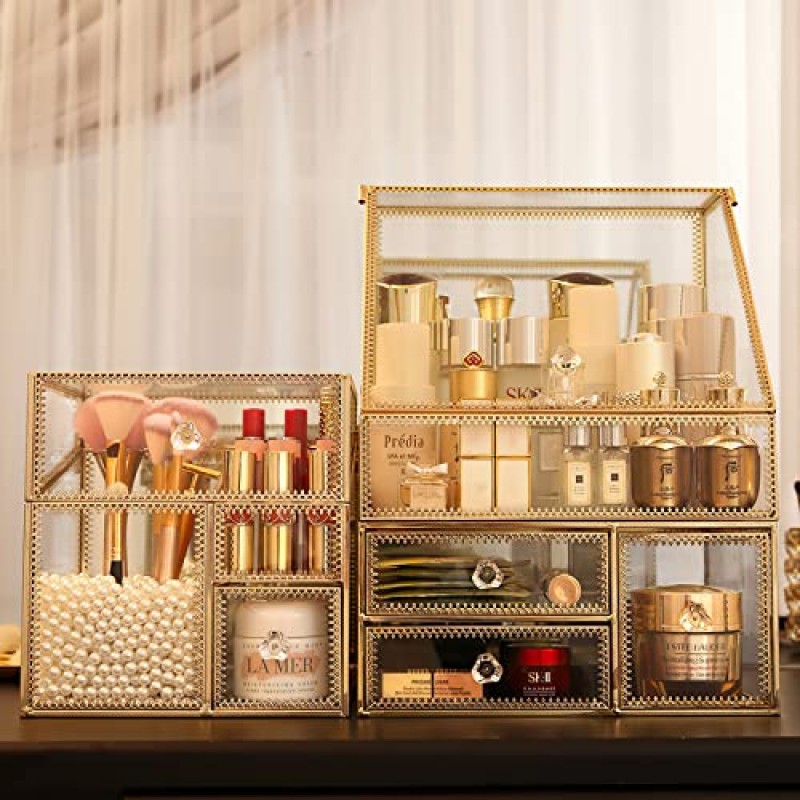 CONHENCI 대형 유리 메이크업 주최자 서랍 세트 미용 보관함 욕실 카운터 주최자 화장품 디스플레이 (11.5inx8.5inx5.5in)