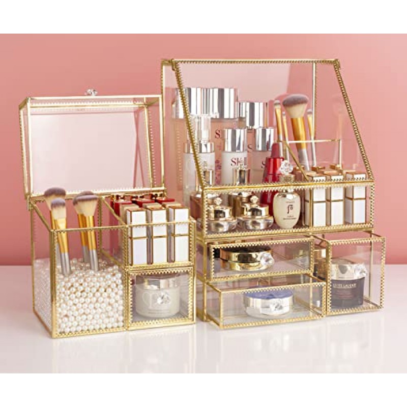 CONHENCI 대형 유리 메이크업 주최자 서랍 세트 미용 보관함 욕실 카운터 주최자 화장품 디스플레이 (11.5inx8.5inx5.5in)
