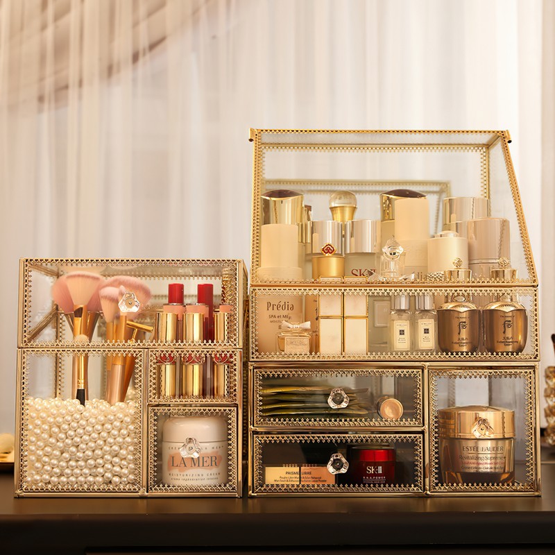CONHENCI 대형 유리 메이크업 주최자 서랍 세트 미용 보관함 욕실 카운터 주최자 화장품 디스플레이 (11.5inx8.5inx5.5in)