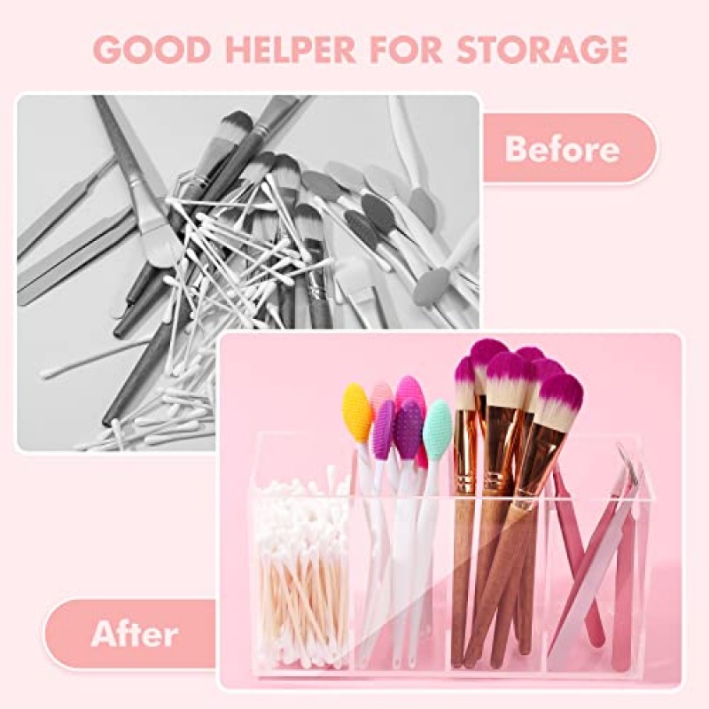 Yulejo 4 칸막이 아크릴 메이크업 정리함 및 뚜껑이 있는 보관함 4 트레이가 포함된 욕실 보관함 속눈썹 마스카라 브러쉬 화장품, 면봉 또는 사무용품용 정리함 브러시 홀더(1 팩)