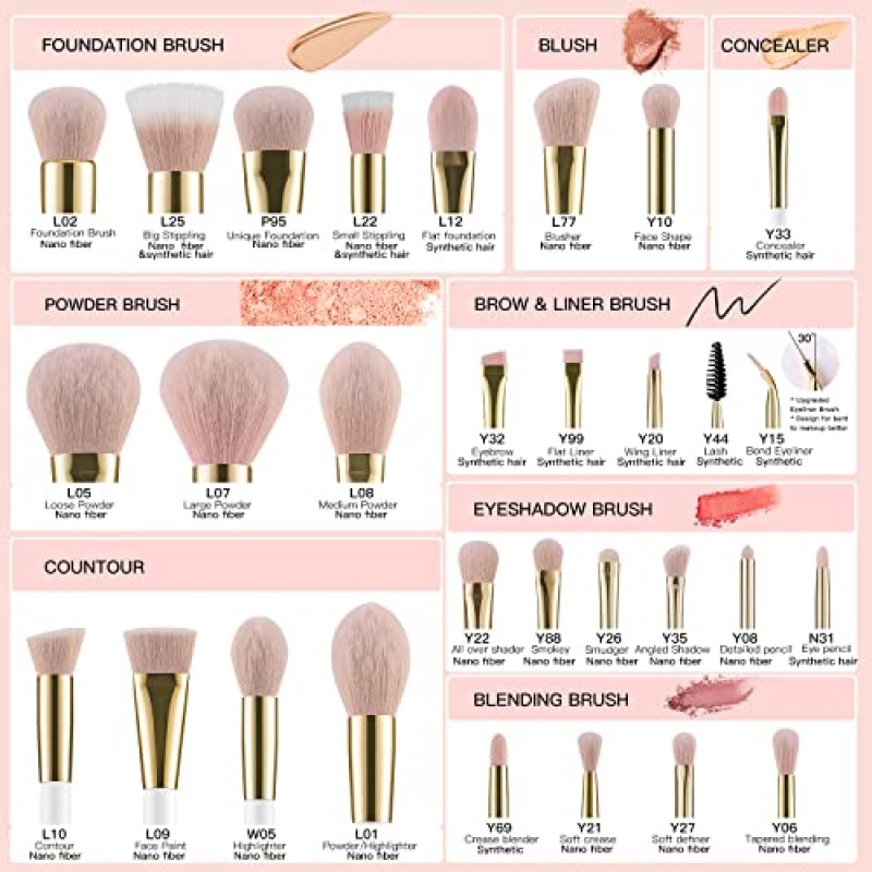 BEILI 메이크업 브러쉬 세트 30Pcs 전문 메이크업 브러쉬 프리미엄 핑크 비건 합성 가부키 파운데이션 블렌딩 브러쉬 페이스 파우더 블러쉬 컨실러 아이 섀도우 메이크업 브러쉬 세트 (화이트/로즈 골든)