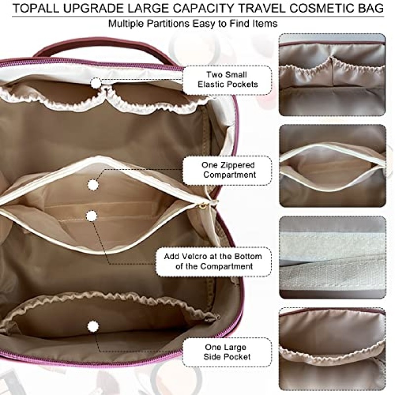 TOPALL 업그레이드 메이크업 가방 대용량 여행용 화장품 가방 여성용 메이크업 가방 손잡이와 분배기가있는 방수 휴대용 화장품 가방 플랫 레이 메이크업 정리 가방 (보라색)