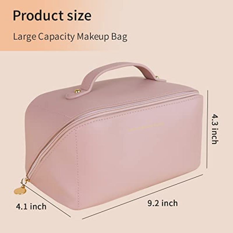 BELCOSD 대용량 여행용 화장품 가방, 휴대용 메이크업 가방은 쉽게 접근할 수 있도록 평평하게 열립니다 | 방수 PU 가죽 | 여성용 다기능 수납 메이크업 가방, 핑크