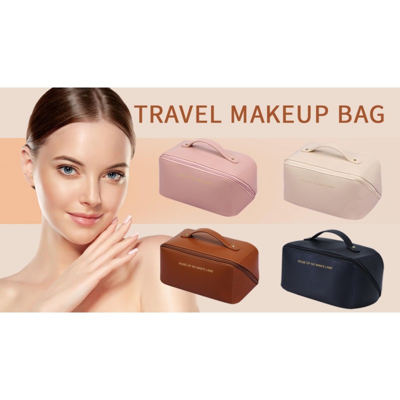 BELCOSD 대용량 여행용 화장품 가방, 휴대용 메이크업 가방은 쉽게 접근할 수 있도록 평평하게 열립니다 | 방수 PU 가죽 | 여성용 다기능 수납 메이크업 가방, 핑크