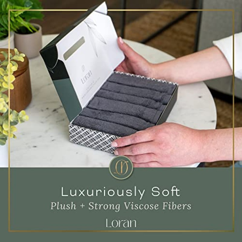 LORAN 럭셔리 대나무 비스코스 페이셜 워시클로스 - 부드러운 천 6개 세트 - 스파 같은 모양과 느낌 - 피부 클렌징의 편안함을 위한 고급스럽고 부드러운 대나무 비스코스 페이스 크로스 - 10인치 x 10인치 워시클로스 - 차콜