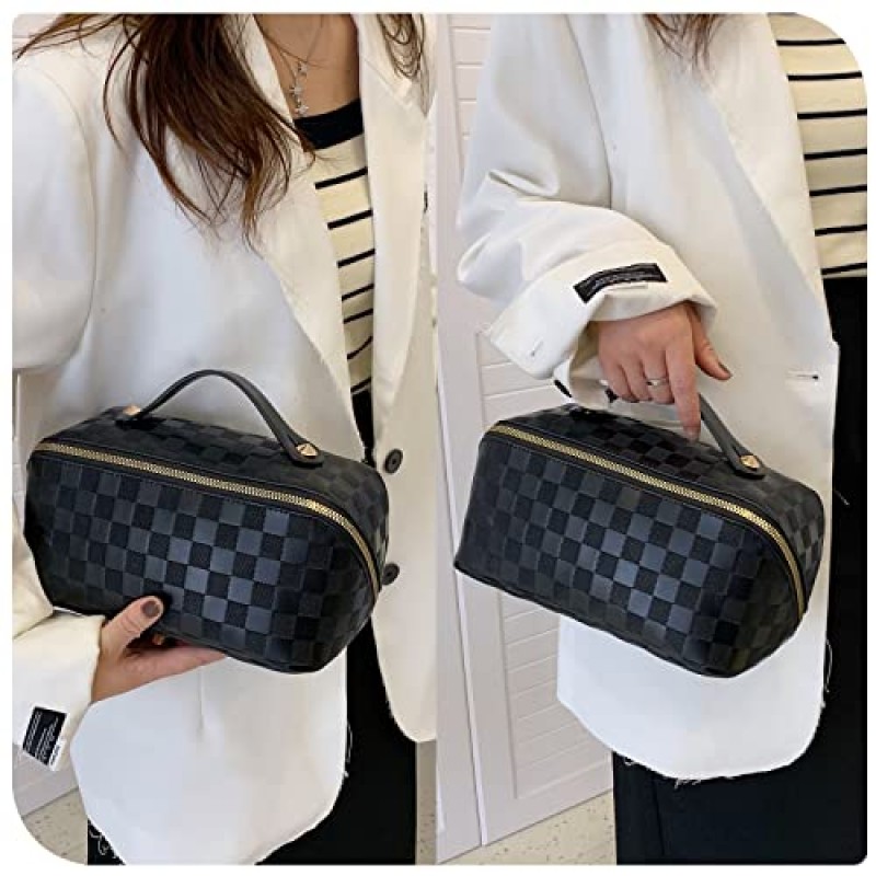 gruciso 대용량 메이크업 가방, 지퍼 여성용 화장품 가방, 여행용 메이크업 정리 케이스, PU 가죽 방수 화장품 가방, 손잡이 및 칸막이 플랫 레이 화장품 가방(딥 블랙)