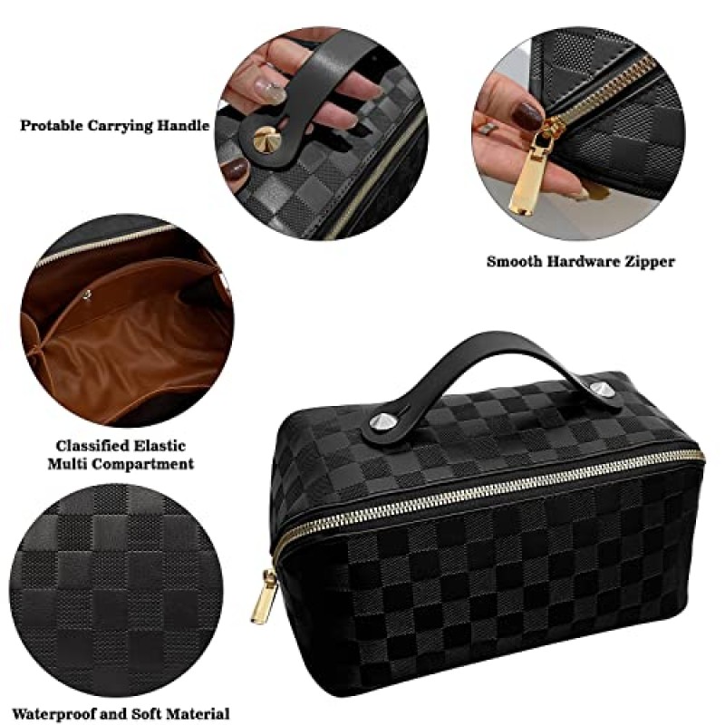 gruciso 대용량 메이크업 가방, 지퍼 여성용 화장품 가방, 여행용 메이크업 정리 케이스, PU 가죽 방수 화장품 가방, 손잡이 및 칸막이 플랫 레이 화장품 가방(딥 블랙)