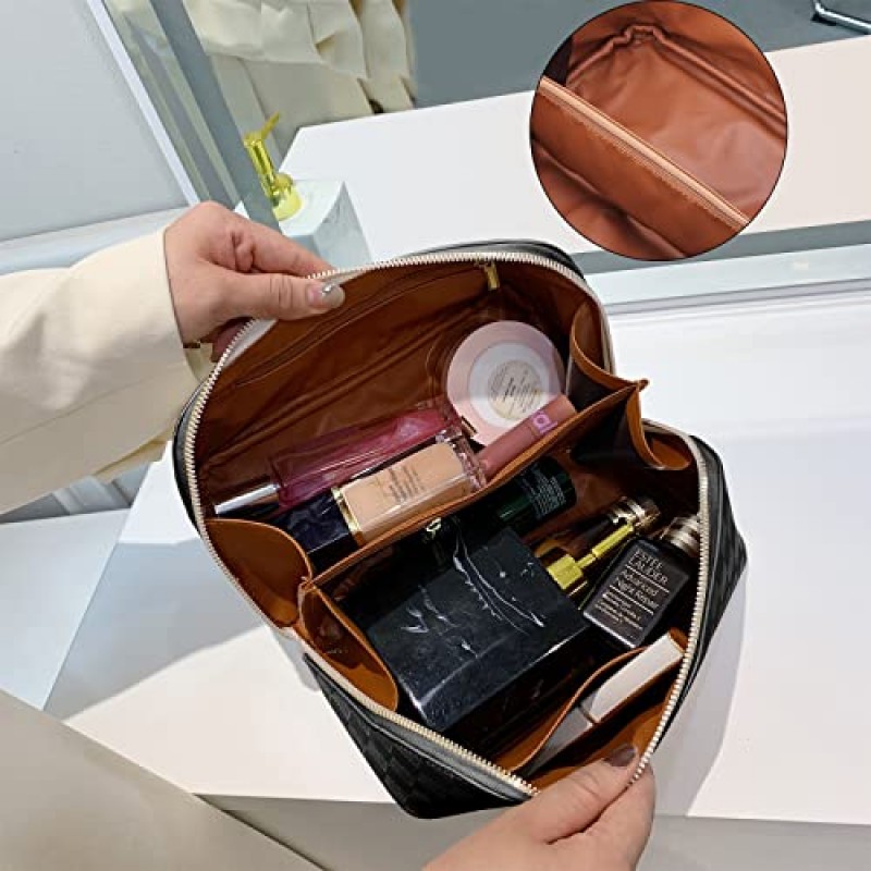 gruciso 대용량 메이크업 가방, 지퍼 여성용 화장품 가방, 여행용 메이크업 정리 케이스, PU 가죽 방수 화장품 가방, 손잡이 및 칸막이 플랫 레이 화장품 가방(딥 블랙)