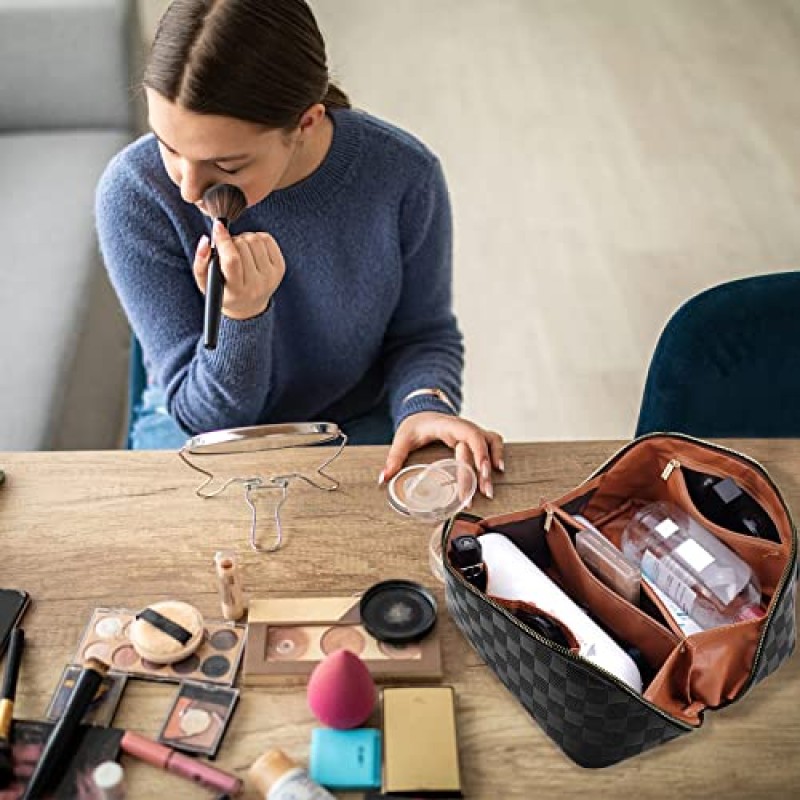 gruciso 대용량 메이크업 가방, 지퍼 여성용 화장품 가방, 여행용 메이크업 정리 케이스, PU 가죽 방수 화장품 가방, 손잡이 및 칸막이 플랫 레이 화장품 가방(딥 블랙)