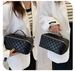 gruciso 대용량 메이크업 가방, 지퍼 여성용 화장품 가방, 여행용 메이크업 정리 케이스, PU 가죽 방수 화장품 가방, 손잡이 및 칸막이 플랫 레이 화장품 가방(딥 블랙)