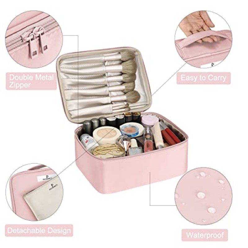 Pocmimut 메이크업 가방 화장품 가방 여성용 여행 메이크업 가방 브러시 홀더가 있는 대형 메이크업 가방 세면도구 가방(베이비 핑크)