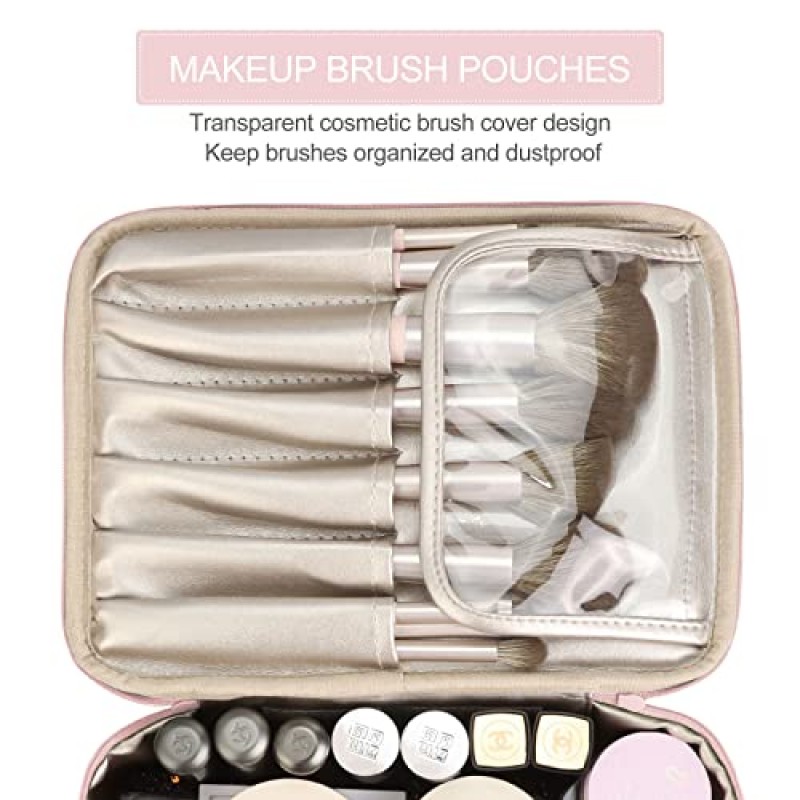 Pocmimut 메이크업 가방 화장품 가방 여성용 여행 메이크업 가방 브러시 홀더가 있는 대형 메이크업 가방 세면도구 가방(베이비 핑크)