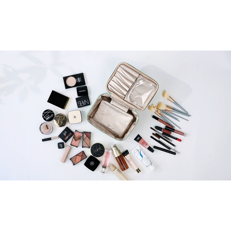 Pocmimut 메이크업 가방 화장품 가방 여성용 여행 메이크업 가방 브러시 홀더가 있는 대형 메이크업 가방 세면도구 가방(베이비 핑크)