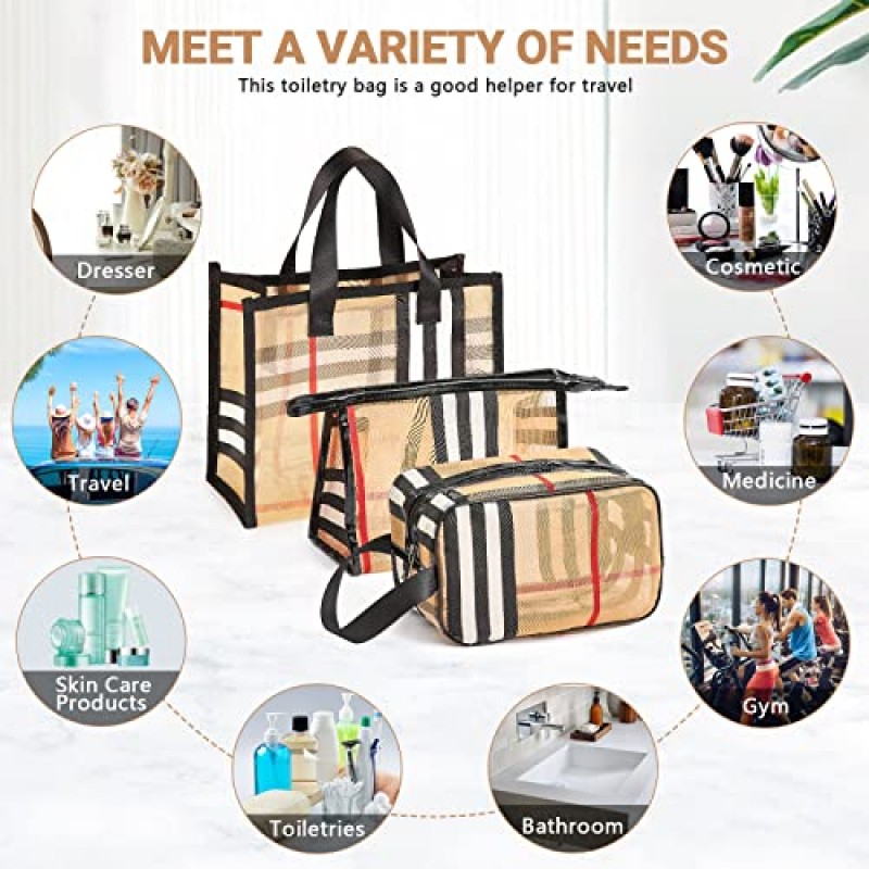 Kancehinage 3 조각 여행 세면 용품 가방, 지퍼가 달린 메이크업 가방 방수 줄무늬 투명 화장품 가방 휴대용 주최자 케이스 여성과 소녀 보관 가방 세트