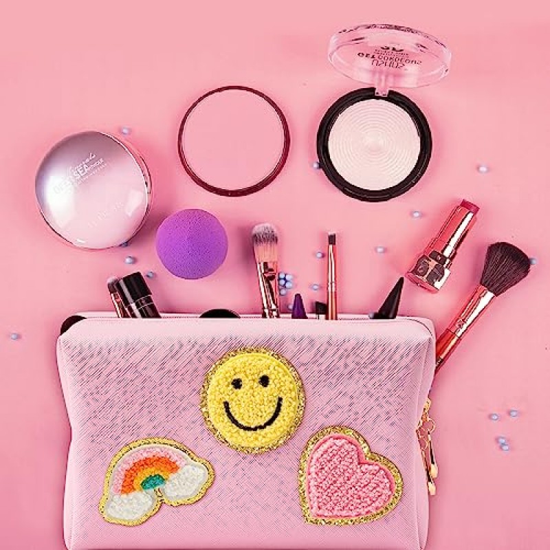 LieToi 프레피 패치 소형 세면도구 가방, 스마일 레인보우 하트 PU 가죽 휴대용 방수 메이크업 화장품 가방 매일 사용 보관 지갑 여행 주최자 여성용 가방(라이트 핑크)