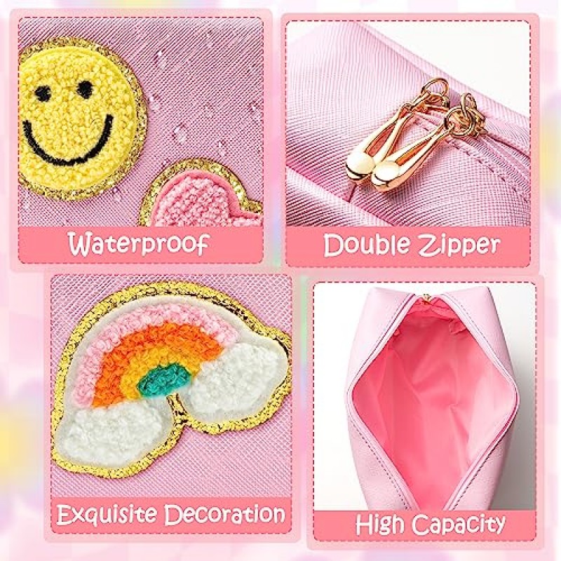 LieToi 프레피 패치 소형 세면도구 가방, 스마일 레인보우 하트 PU 가죽 휴대용 방수 메이크업 화장품 가방 매일 사용 보관 지갑 여행 주최자 여성용 가방(라이트 핑크)