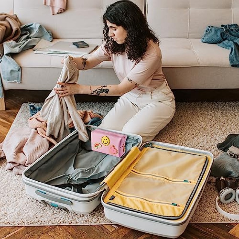 LieToi 프레피 패치 소형 세면도구 가방, 스마일 레인보우 하트 PU 가죽 휴대용 방수 메이크업 화장품 가방 매일 사용 보관 지갑 여행 주최자 여성용 가방(라이트 핑크)