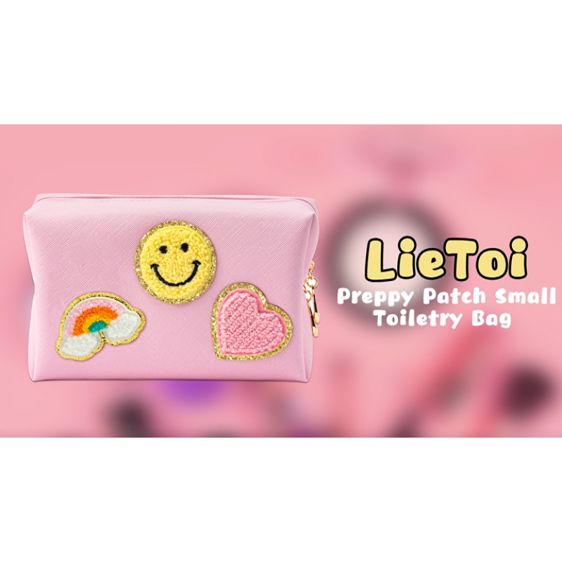 LieToi 프레피 패치 소형 세면도구 가방, 스마일 레인보우 하트 PU 가죽 휴대용 방수 메이크업 화장품 가방 매일 사용 보관 지갑 여행 주최자 여성용 가방(라이트 핑크)
