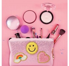 LieToi 프레피 패치 소형 세면도구 가방, 스마일 레인보우 하트 PU 가죽 휴대용 방수 메이크업 화장품 가방 매일 사용 보관 지갑 여행 주최자 여성용 가방(라이트 핑크)