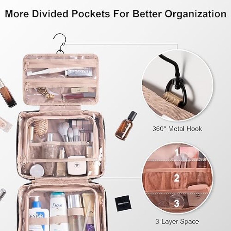 Everfun 걸이형 여행용 세면용품 가방 누액 방지 구획 메이크업 화장품 주최자 Dopp 키트 여행용 액세서리 필수품으로 여행하는 여성을 위한 가방