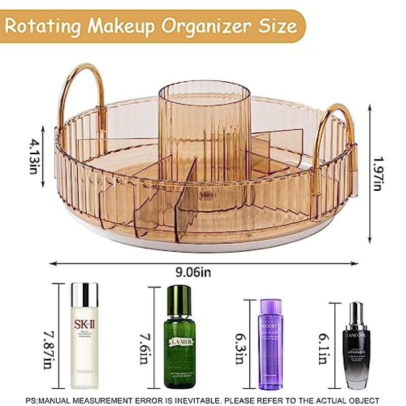 hxbigjin 360° 회전 화장대용 메이크업 정리함, 화장대 조리대 회전 향수 트레이, 대용량 메이크업 캐디 선반, 메이크업 브러쉬에 적합, 립스틱, 스킨 케어(1단, 샴페인)