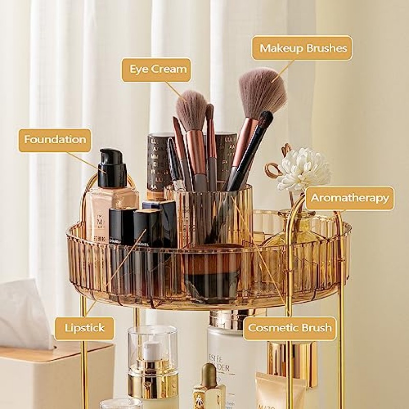 hxbigjin 360° 회전 화장대용 메이크업 정리함, 화장대 조리대 회전 향수 트레이, 대용량 메이크업 캐디 선반, 메이크업 브러쉬에 적합, 립스틱, 스킨 케어(1단, 샴페인)