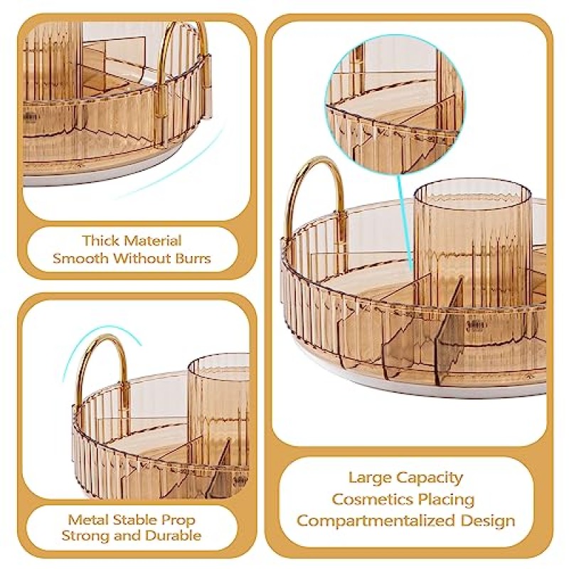 hxbigjin 360° 회전 화장대용 메이크업 정리함, 화장대 조리대 회전 향수 트레이, 대용량 메이크업 캐디 선반, 메이크업 브러쉬에 적합, 립스틱, 스킨 케어(1단, 샴페인)