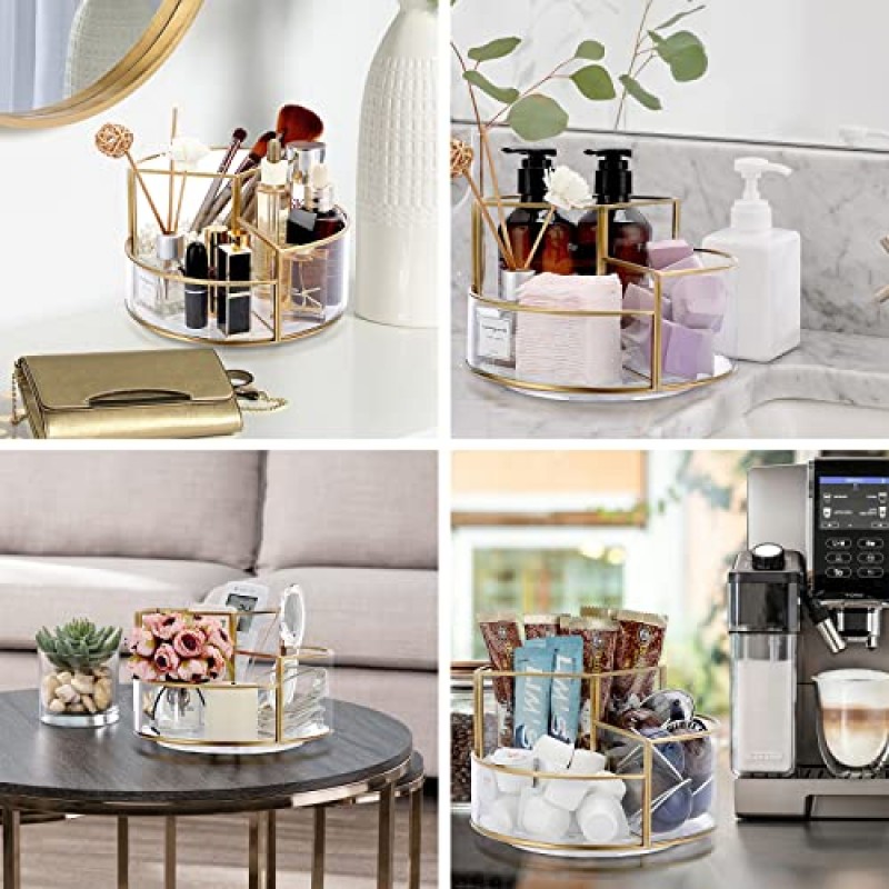 Hipiwe 360 ​​회전 메이크업 주최자 3 슬롯 골드 유리 화장품 디스플레이 케이스 라운드 화장대 보관 홀더 드레서 Prefume 메이크업 부시 립스틱을위한 욕실 주최자