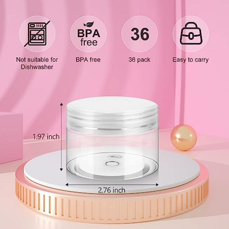 Loretoy 가정용 뚜껑이 있는 4온스 플라스틱 용기, 36팩 BPA 프리, 재사용 가능, 목욕 소금, 화장품, 파우더, 미용 제품 및 소형 액세서리용 리필 가능 투명 화장품 용기-흰색