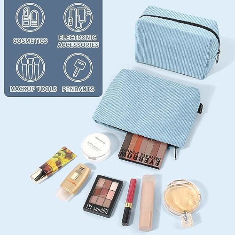 MAANGE 2 Pcs 메이크업 가방, 여성용 화장품 가방 여행 세트 지갑 용 소형 메이크업 가방 코듀로이 여성용 휴대용 다용도 지퍼 주머니 (BLUE)