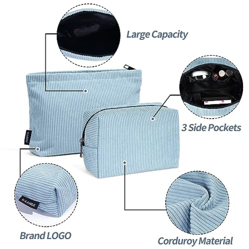 MAANGE 2 Pcs 메이크업 가방, 여성용 화장품 가방 여행 세트 지갑 용 소형 메이크업 가방 코듀로이 여성용 휴대용 다용도 지퍼 주머니 (BLUE)