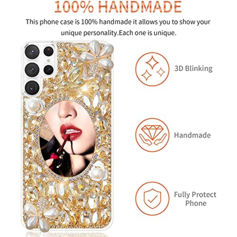 Cavdycidy Samsung Galaxy S22 울트라 블링 케이스 거울, 상감 블링 블랙 보석 메이크업 거울, 여성용 반짝 이는 럭셔리 태양 꽃 다이아몬드 소녀 (골드)
