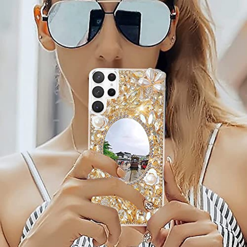 Cavdycidy Samsung Galaxy S22 울트라 블링 케이스 거울, 상감 블링 블랙 보석 메이크업 거울, 여성용 반짝 이는 럭셔리 태양 꽃 다이아몬드 소녀 (골드)