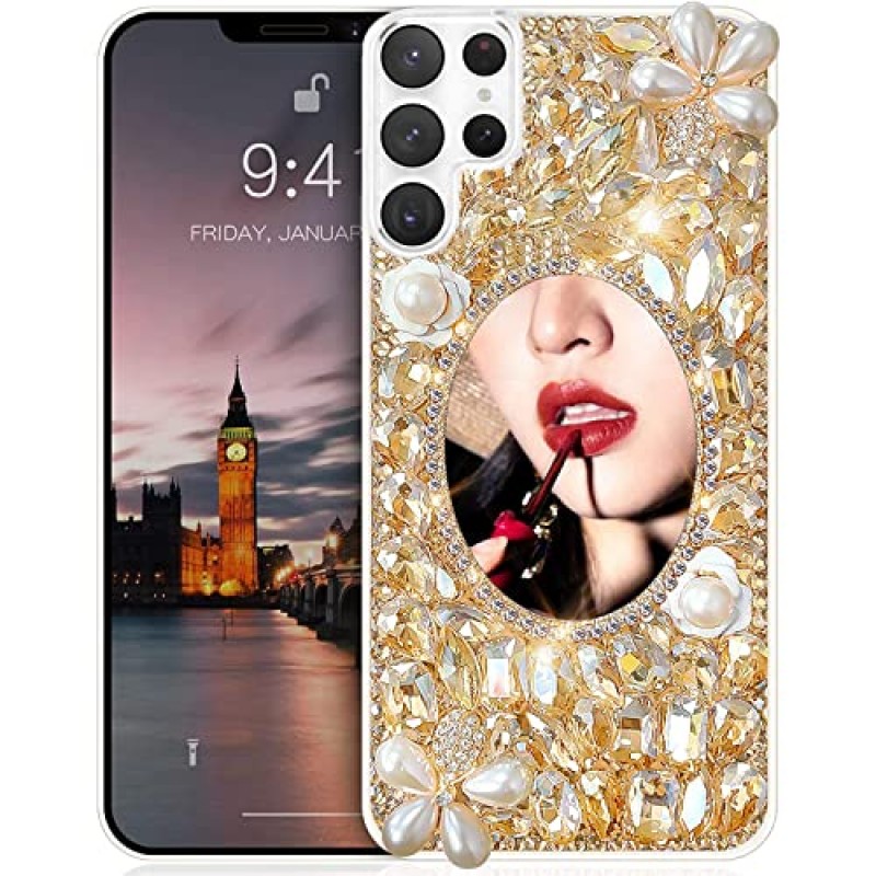 Cavdycidy Samsung Galaxy S22 울트라 블링 케이스 거울, 상감 블링 블랙 보석 메이크업 거울, 여성용 반짝 이는 럭셔리 태양 꽃 다이아몬드 소녀 (골드)