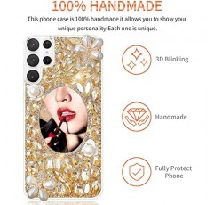 Cavdycidy Samsung Galaxy S22 울트라 블링 케이스 거울, 상감 블링 블랙 보석 메이크업 거울, 여성용 반짝 이는 럭셔리 태양 꽃 다이아몬드 소녀 (골드)