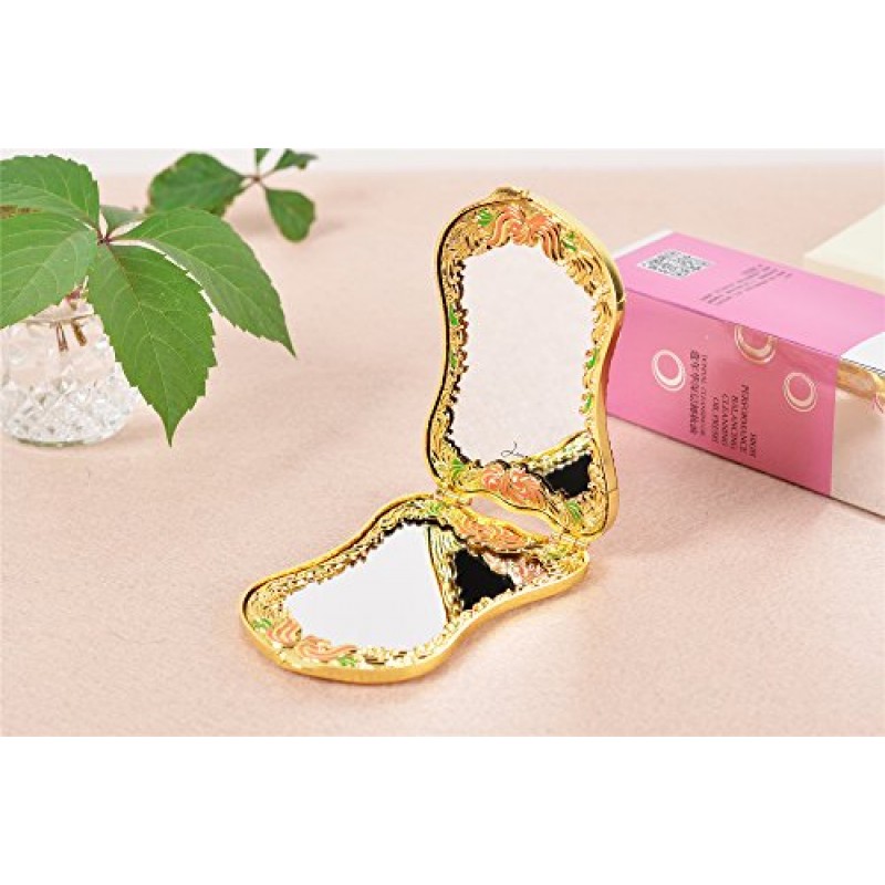 Jinvun 놀라운 황금색 골동품 같은 여행용 거울: 럭셔리 빈티지 디자인, 방패 모양, 배율 및 선명한 반사를 갖춘 내구성이 뛰어난 소형 지갑 화장 거울 - 독특한 보석 선물