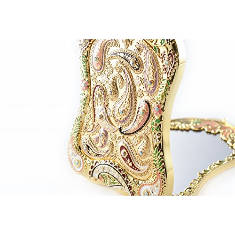 Jinvun 놀라운 황금색 골동품 같은 여행용 거울: 럭셔리 빈티지 디자인, 방패 모양, 배율 및 선명한 반사를 갖춘 내구성이 뛰어난 소형 지갑 화장 거울 - 독특한 보석 선물