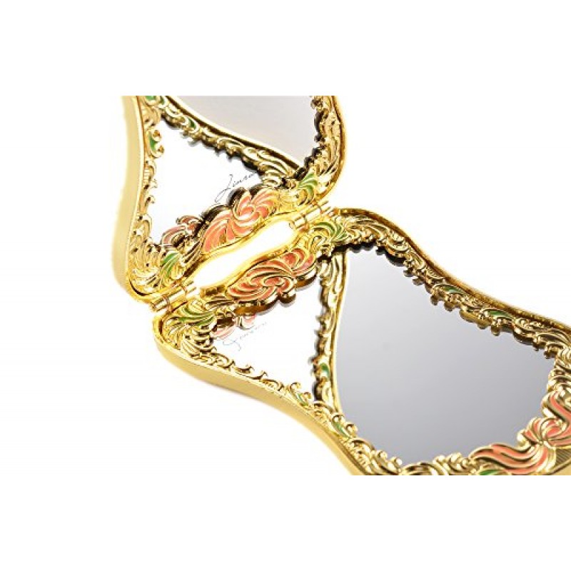 Jinvun 놀라운 황금색 골동품 같은 여행용 거울: 럭셔리 빈티지 디자인, 방패 모양, 배율 및 선명한 반사를 갖춘 내구성이 뛰어난 소형 지갑 화장 거울 - 독특한 보석 선물