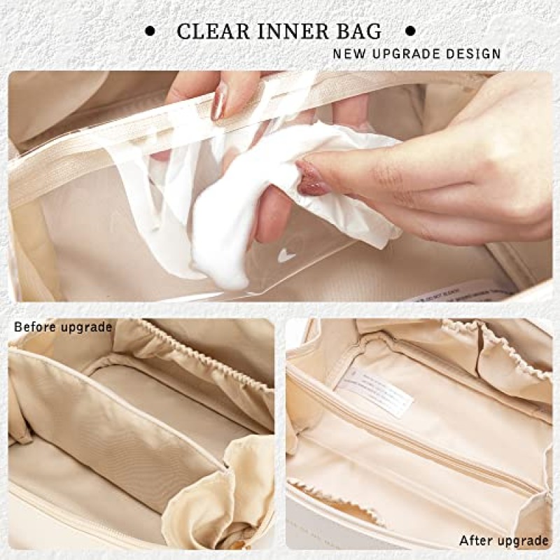 YOMOSPACE 여행용 메이크업 가방, 대용량 화장품 가방, 플랫 메이크업 가방 정리함, 방수 가죽 세면도구 가방, 휴대용 여성용 화장품 가방(화이트)