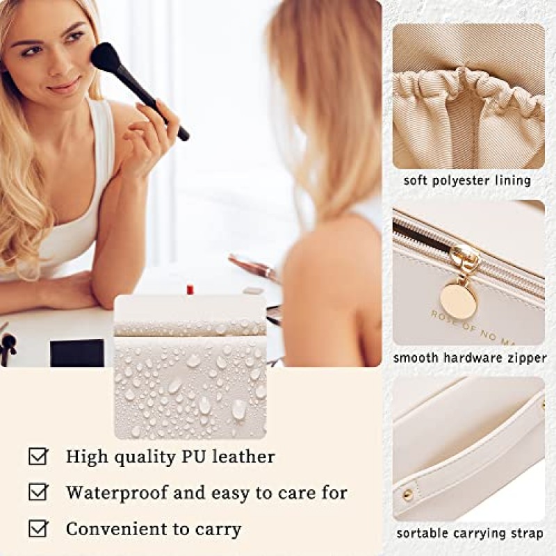 YOMOSPACE 여행용 메이크업 가방, 대용량 화장품 가방, 플랫 메이크업 가방 정리함, 방수 가죽 세면도구 가방, 휴대용 여성용 화장품 가방(화이트)