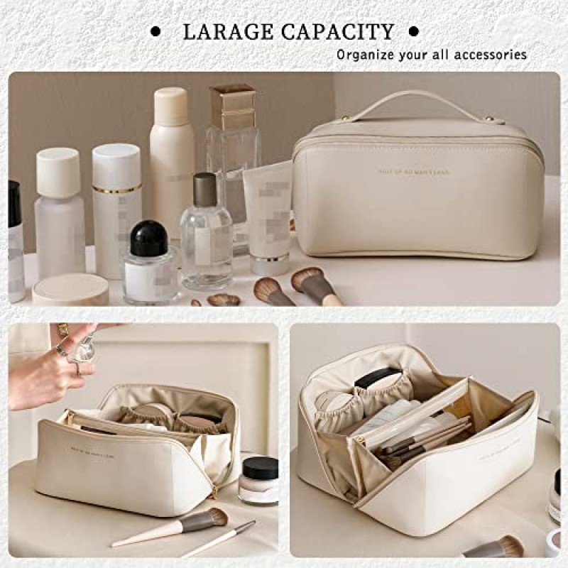 YOMOSPACE 여행용 메이크업 가방, 대용량 화장품 가방, 플랫 메이크업 가방 정리함, 방수 가죽 세면도구 가방, 휴대용 여성용 화장품 가방(화이트)