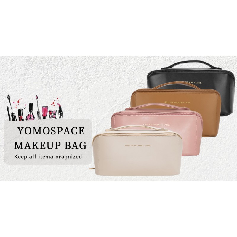 YOMOSPACE 여행용 메이크업 가방, 대용량 화장품 가방, 플랫 메이크업 가방 정리함, 방수 가죽 세면도구 가방, 휴대용 여성용 화장품 가방(화이트)