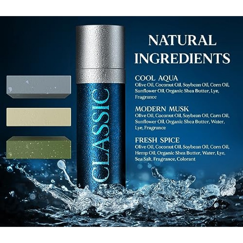 NATURAL AMERICAN CLASSIC 남성용 바 비누 – 남성용 코롱 향, 100% 천연, 에센셜 오일, 유기농 시어 버터, 유해한 화학 물질 없음 – (3팩) 남성용 비누 - 미국 수제 – 남성용 비누, 5온스