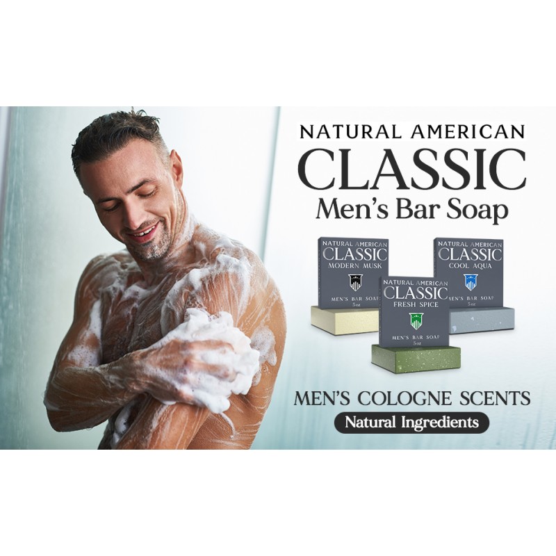 NATURAL AMERICAN CLASSIC 남성용 바 비누 – 남성용 코롱 향, 100% 천연, 에센셜 오일, 유기농 시어 버터, 유해한 화학 물질 없음 – (3팩) 남성용 비누 - 미국 수제 – 남성용 비누, 5온스