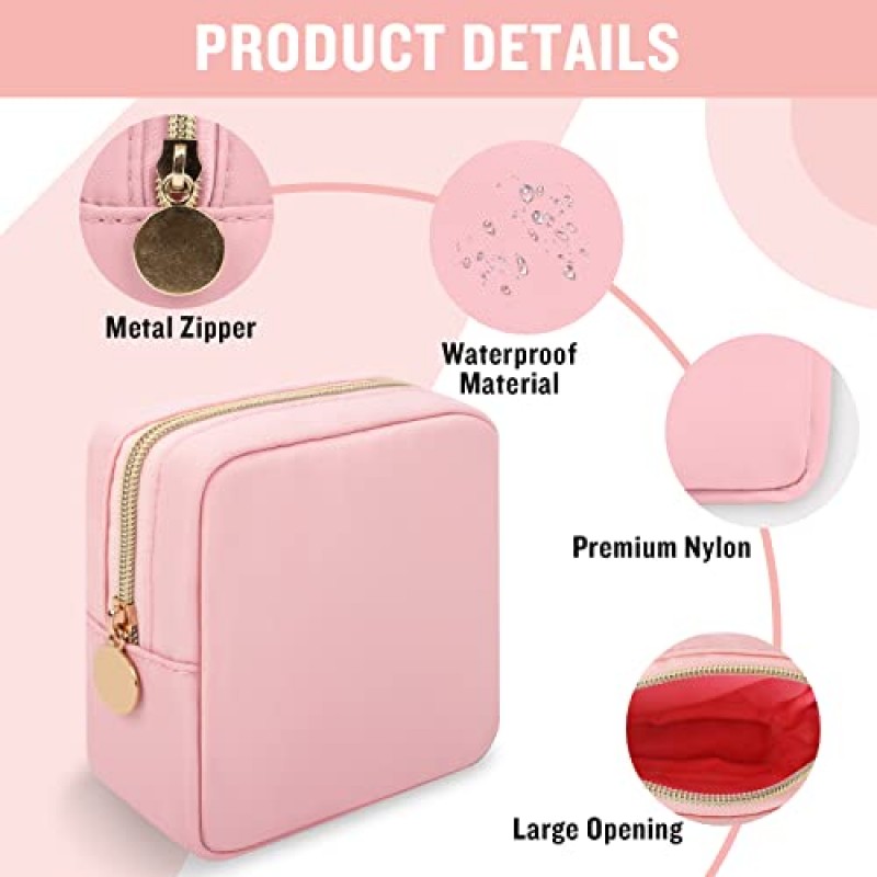 Iqimott 나일론 미니 메이크업 가방, 프레피 소형 화장품 가방 컴팩트 메이크업 파우치 세면도구 가방, 방수 지퍼 지갑 여행용 동전 주머니 여성용 위생 냅킨 보관 가방 소녀 청소년(핑크색)
