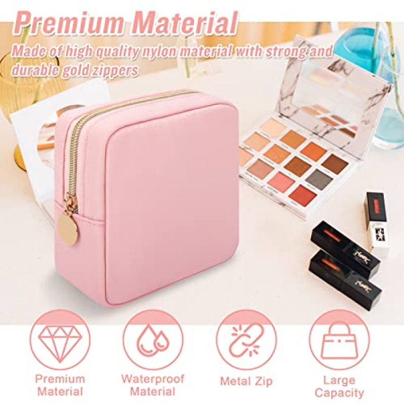 Iqimott 나일론 미니 메이크업 가방, 프레피 소형 화장품 가방 컴팩트 메이크업 파우치 세면도구 가방, 방수 지퍼 지갑 여행용 동전 주머니 여성용 위생 냅킨 보관 가방 소녀 청소년(핑크색)