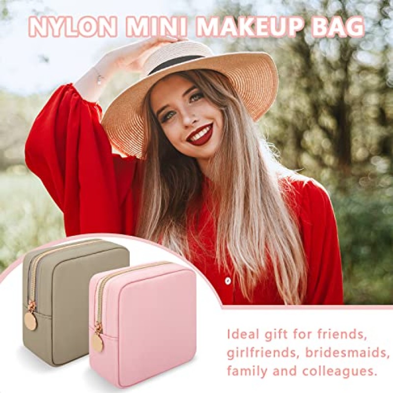 Iqimott 나일론 미니 메이크업 가방, 프레피 소형 화장품 가방 컴팩트 메이크업 파우치 세면도구 가방, 방수 지퍼 지갑 여행용 동전 주머니 여성용 위생 냅킨 보관 가방 소녀 청소년(핑크색)