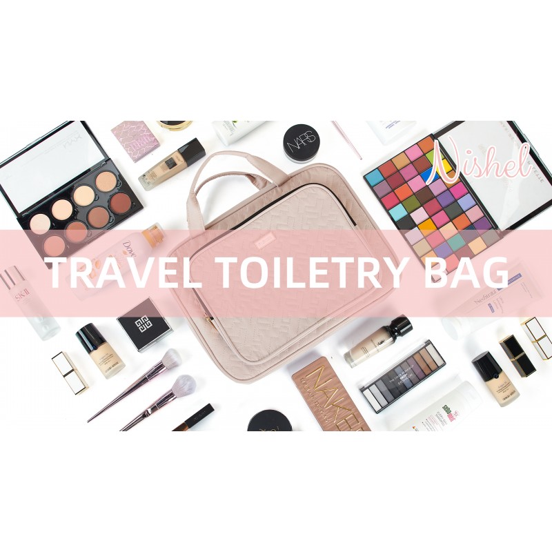NISHEL 여성용 여행 세면 용품 가방 대용량, 여행 필수품 정리함, 액세서리 용 걸이 메이크업 케이스, 화장품, 세면 용품, 핑크