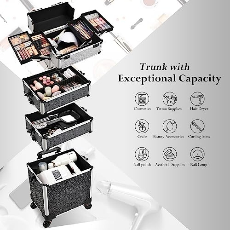 정체되는 롤링 메이크업 트레인 케이스 대형 보관 화장품 트롤리 4 in 1 대용량 트롤리 키 회전 바퀴가 있는 메이크업 여행용 케이스 살롱 이발사 케이스 여행용 카트 트렁크